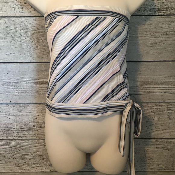 Hendy Striped Cropped Tube Top Blue Pink Side Tie S/L - Picture 1 of 4